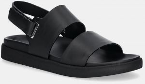 Kožené sandále Calvin Klein FLAT ADJ SANDAL EYELET dámske, čierna farba, HW0HW02488