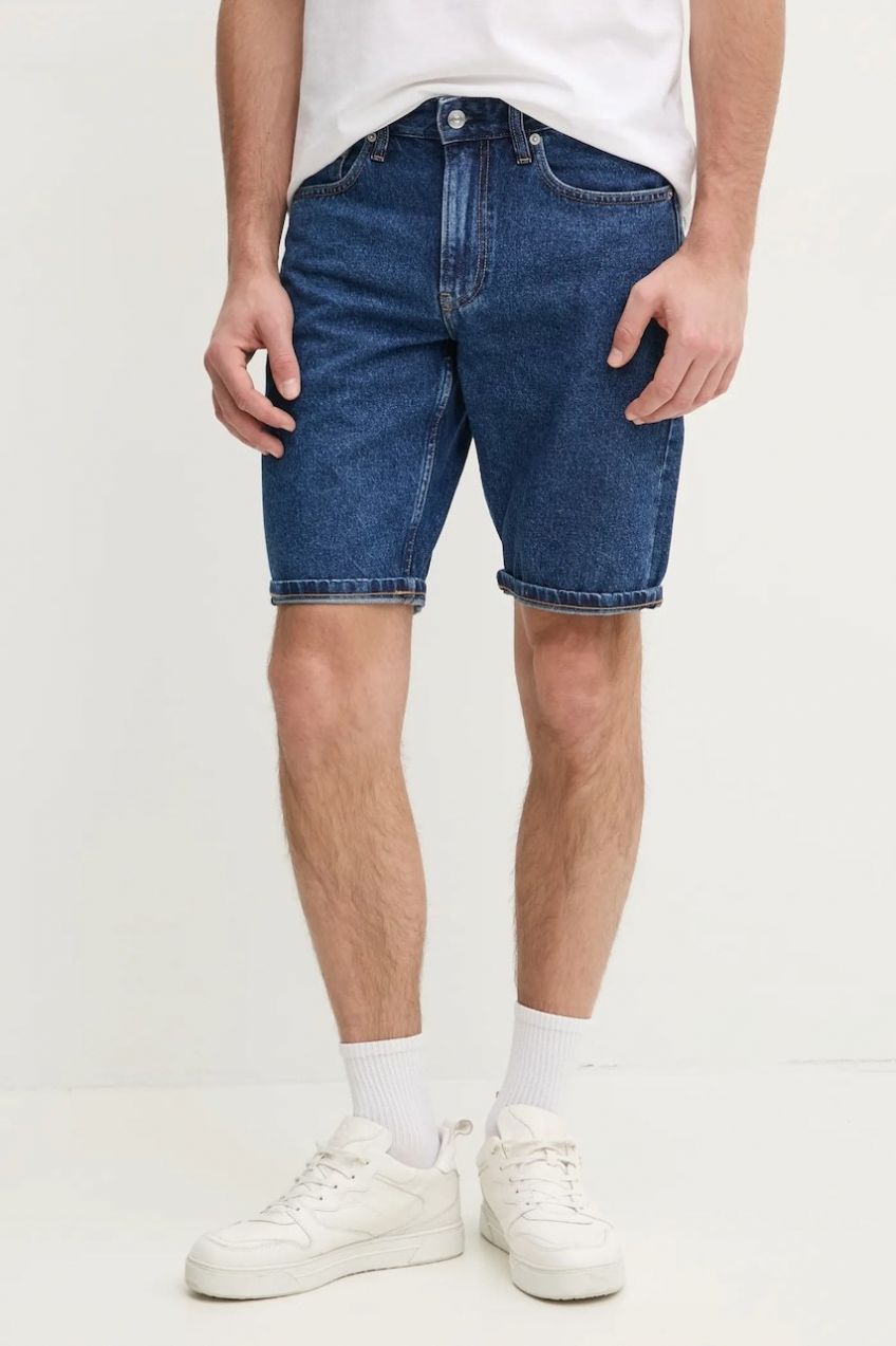 Rifľové krátke nohavice Calvin Klein Jeans pánske, tmavomodrá farba, J30J327192