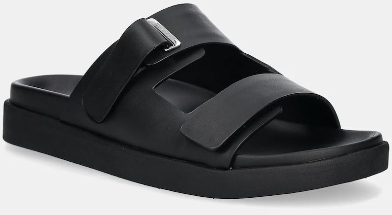 Kožené šľapky Calvin Klein FLAT ADJ SLIDE EYELET dámske, čierna farba, HW0HW02489