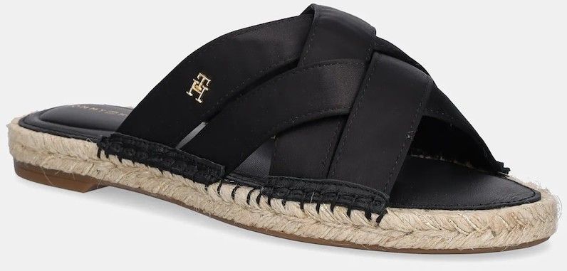 Šľapky Tommy Hilfiger SATIN ESPADRILLE MULE dámske, čierna farba, FW0FW08502