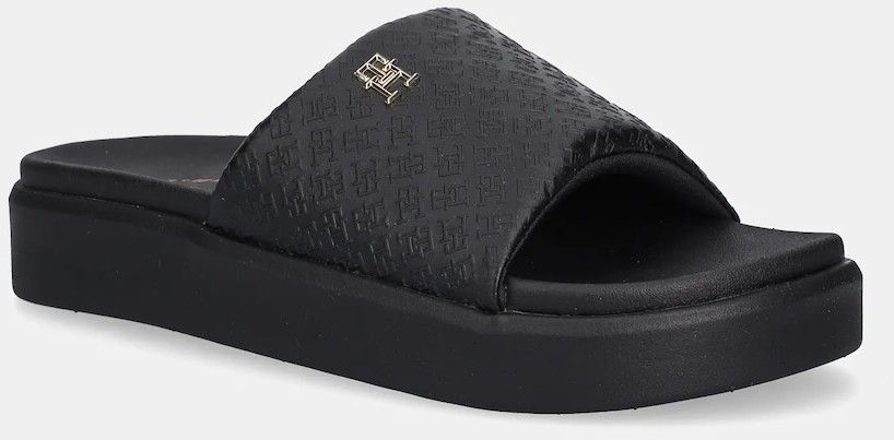 Šľapky Tommy Hilfiger PLATFORM MONOGRAM POOLSLIDE dámske, čierna farba, na platforme, FW0FW08526