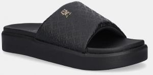 Šľapky Tommy Hilfiger PLATFORM MONOGRAM POOLSLIDE dámske, čierna farba, na platforme, FW0FW08526