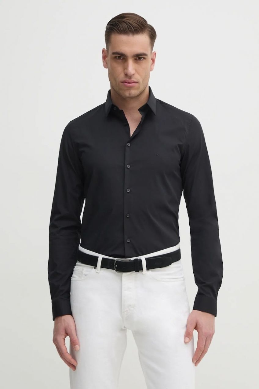 Košeľa Calvin Klein pánska, čierna farba, slim, s klasickým golierom, K10K112743