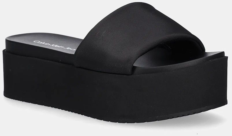 Šľapky Calvin Klein Jeans FLATFORM SANDAL SLIDE IN NYLON dámske, čierna farba, na platforme, YW0YW01791