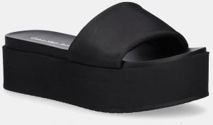 Šľapky Calvin Klein Jeans FLATFORM SANDAL SLIDE IN NYLON dámske, čierna farba, na platforme, YW0YW01791