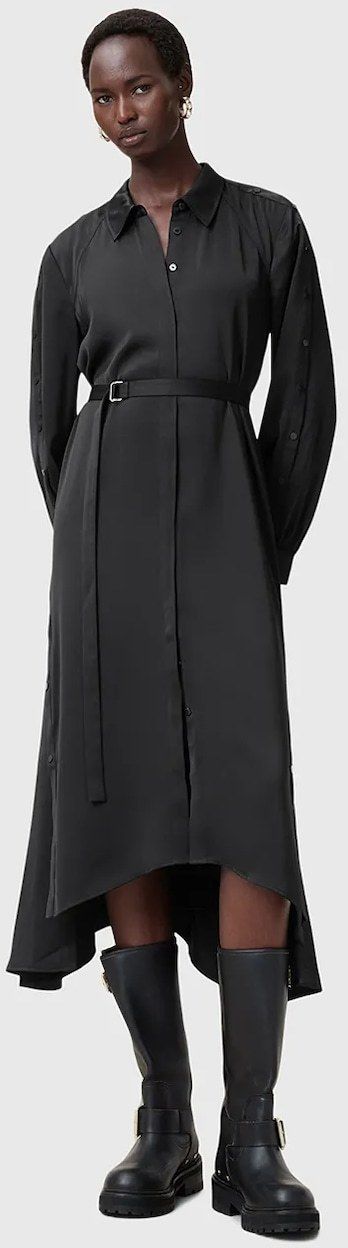 Šaty AllSaints LEXI čierna farba, midi, áčkový strih, W036DC