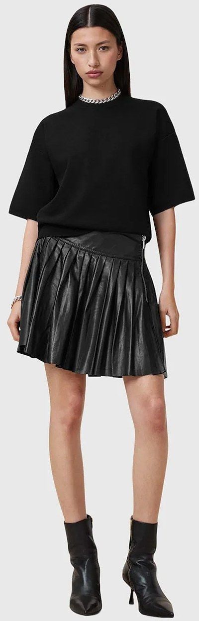 Kožená sukňa AllSaints VENA čierna farba, mini, áčkový strih, W029RC