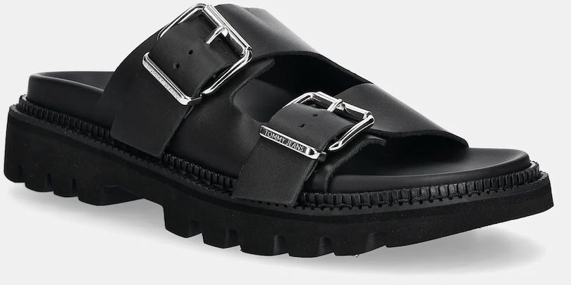 Kožené šľapky Tommy Jeans DOUBLE STRAP SANDAL dámske, čierna farba, na platforme, EN0EN02753