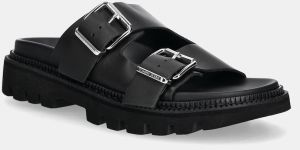 Kožené šľapky Tommy Jeans DOUBLE STRAP SANDAL dámske, čierna farba, na platforme, EN0EN02753
