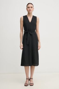 Šaty s prímesou ľanu Calvin Klein čierna farba, midi, áčkový strih, K20K208424