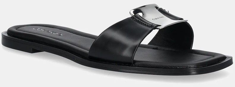 Kožené šľapky Calvin Klein FLAT SLIDE W/CK HW BIG - LTH dámske, čierna farba, HW0HW02482