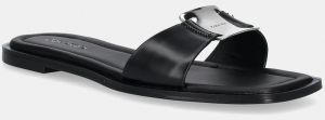 Kožené šľapky Calvin Klein FLAT SLIDE W/CK HW BIG - LTH dámske, čierna farba, HW0HW02482