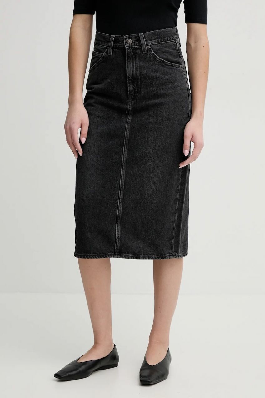 Rifľová sukňa Levi's HR BACK SLIT SKIRT šedá farba, midi, puzdrová, 001VH