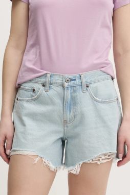 Rifľové krátke nohavice Abercrombie & Fitch dámske, jednofarebné, vysoký pás, KI149-5089
