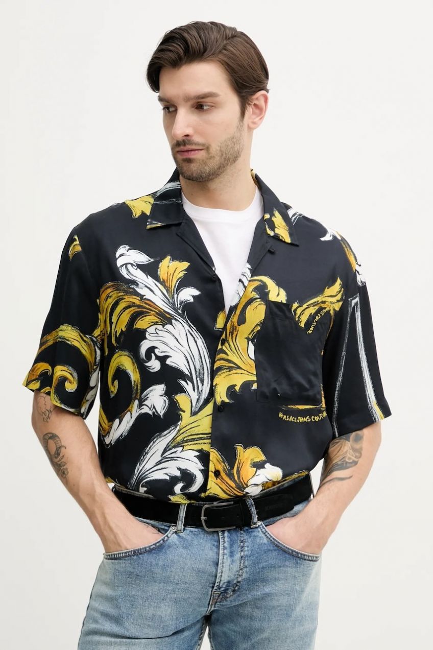 Košeľa Versace Jeans Couture pánska, čierna farba, voľný strih, s golierom button-down, 78GAL2B0 NS632