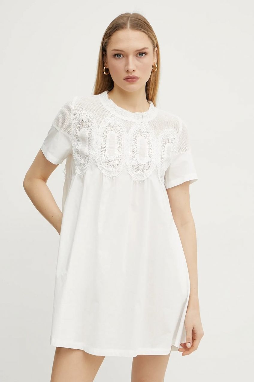 Bavlnené šaty Ermanno Scervino biela farba, mini, oversize, 56TQ037E36