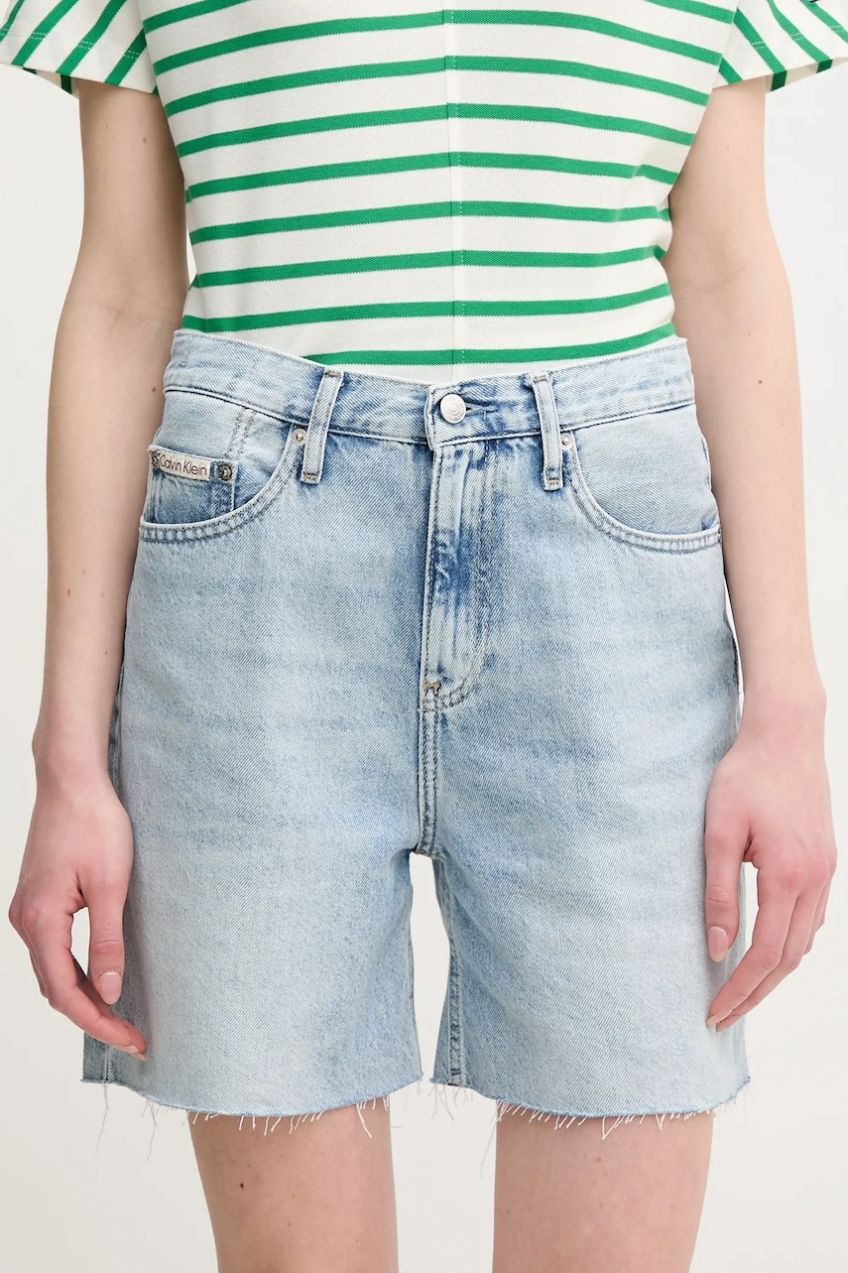 Rifľové krátke nohavice Calvin Klein Jeans dámske, jednofarebné, vysoký pás, J20J225155