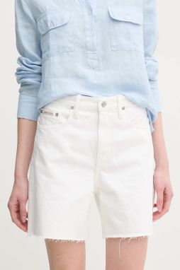 Rifľové krátke nohavice Calvin Klein Jeans dámske, biela farba, jednofarebné, vysoký pás, J20J225201