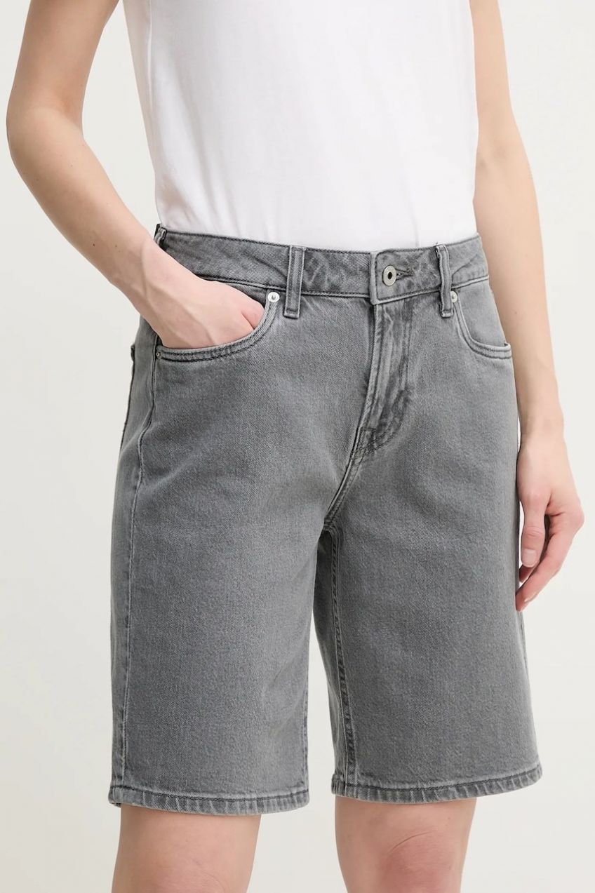 Rifľové krátke nohavice Pepe Jeans BERMUDA SHORT HW dámske, šedá farba, jednofarebné, vysoký pás, PL801189UN3
