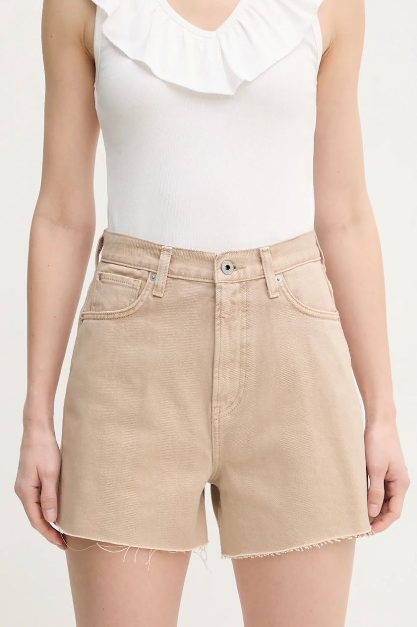 Rifľové krátke nohavice Pepe Jeans A-LINE SHORT UHW RACHEL dámske, béžová farba, jednofarebné, vysoký pás, PL801112YH9