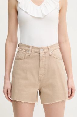 Rifľové krátke nohavice Pepe Jeans A-LINE SHORT UHW RACHEL dámske, béžová farba, jednofarebné, vysoký pás, PL801112YH9