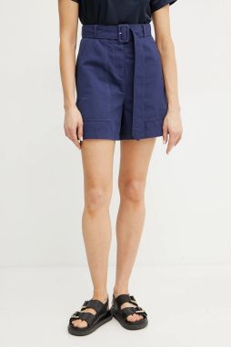 Šortky s prímesou ľanu Weekend Max Mara dámske, tmavomodrá farba, jednofarebné, vysoký pás, 2515141012600