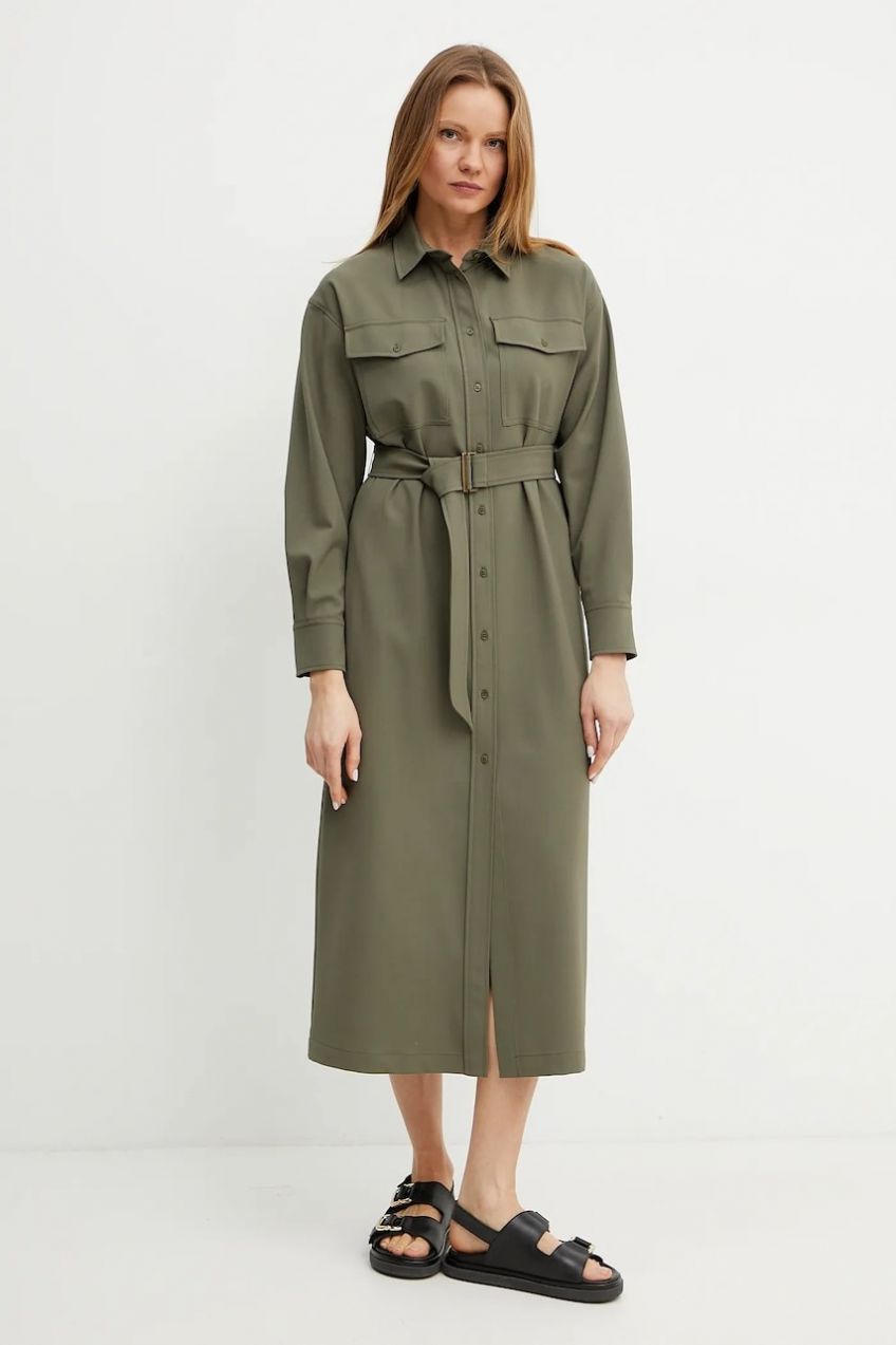 Šaty s prímesou vlny Weekend Max Mara zelená farba, midi, rovný strih, 2515221071600