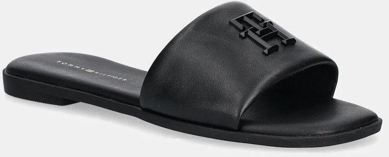 Kožené šľapky Tommy Hilfiger TH LOGO HARDWARE LEATHER MULE dámske, čierna farba, FW0FW08806