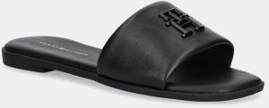 Kožené šľapky Tommy Hilfiger TH LOGO HARDWARE LEATHER MULE dámske, čierna farba, FW0FW08806