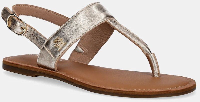 Kožené sandále Tommy Hilfiger METALLIC LEATHER THONG SANDAL dámske, zlatá farba, FW0FW08798