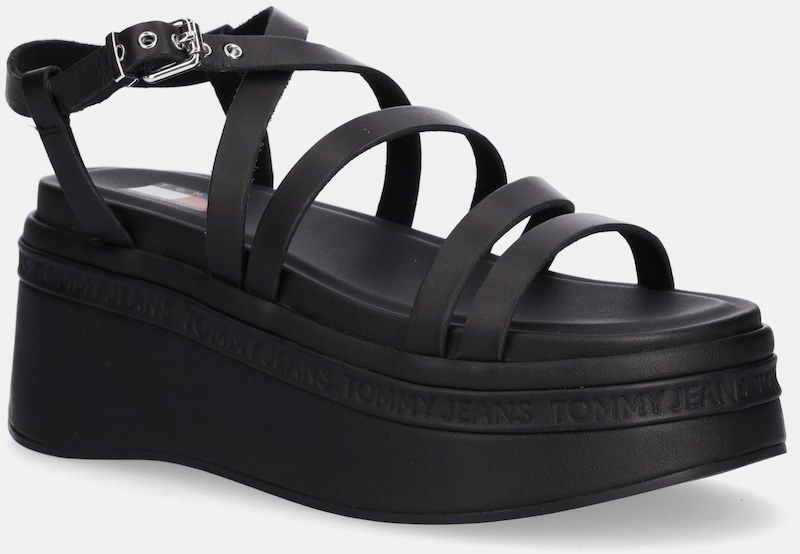 Kožené sandále Tommy Jeans WEDGY STRAPPY SANDAL dámske, čierna farba, na platforme, EN0EN02756