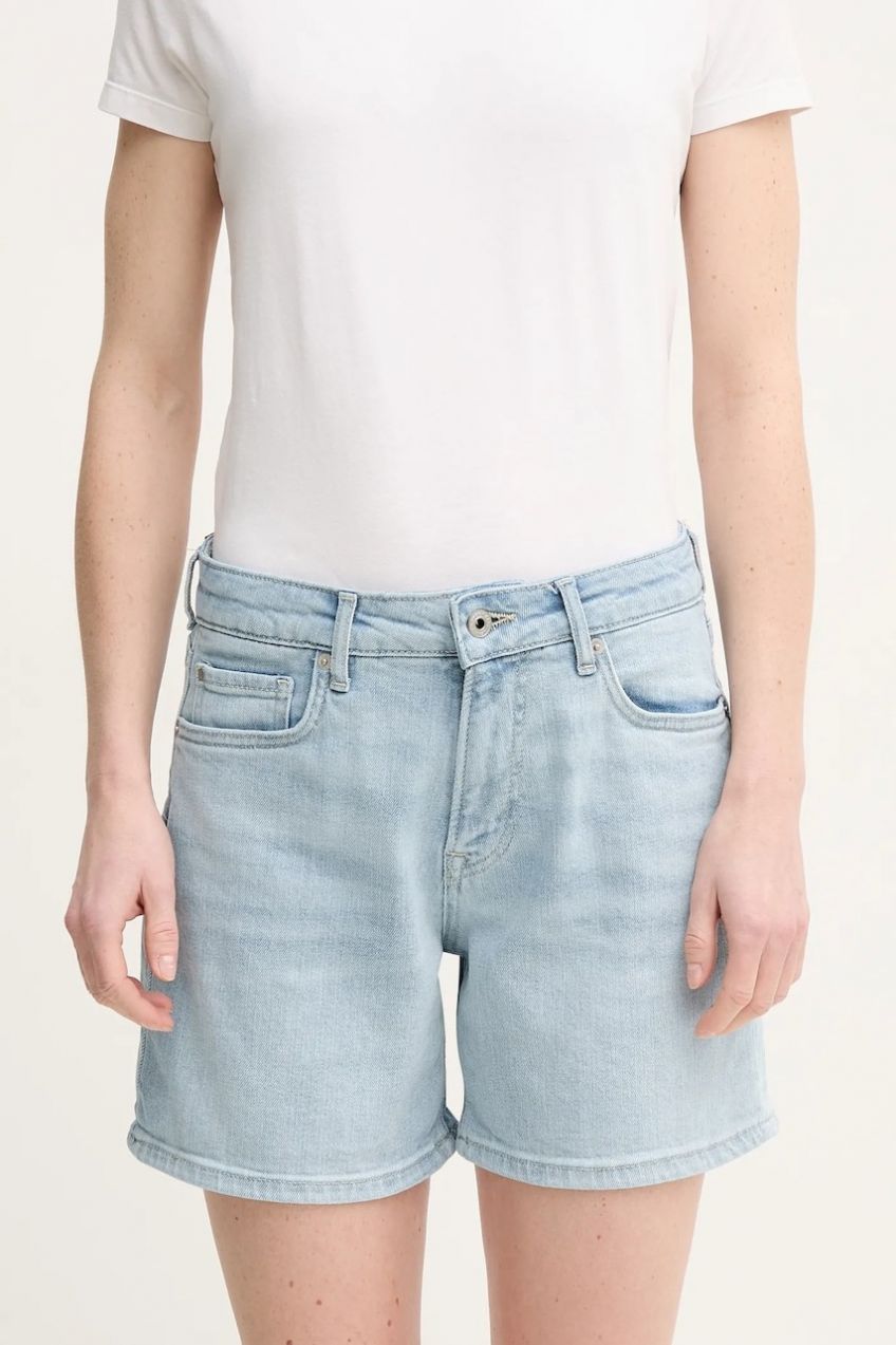 Rifľové krátke nohavice Pepe Jeans FITTED SHORT HW MARY dámske, jednofarebné, vysoký pás, PL801191PG7