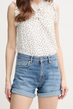 Rifľové krátke nohavice Pepe Jeans FITTED SHORT HW MARY dámske, jednofarebné, vysoký pás, PL801191IC8