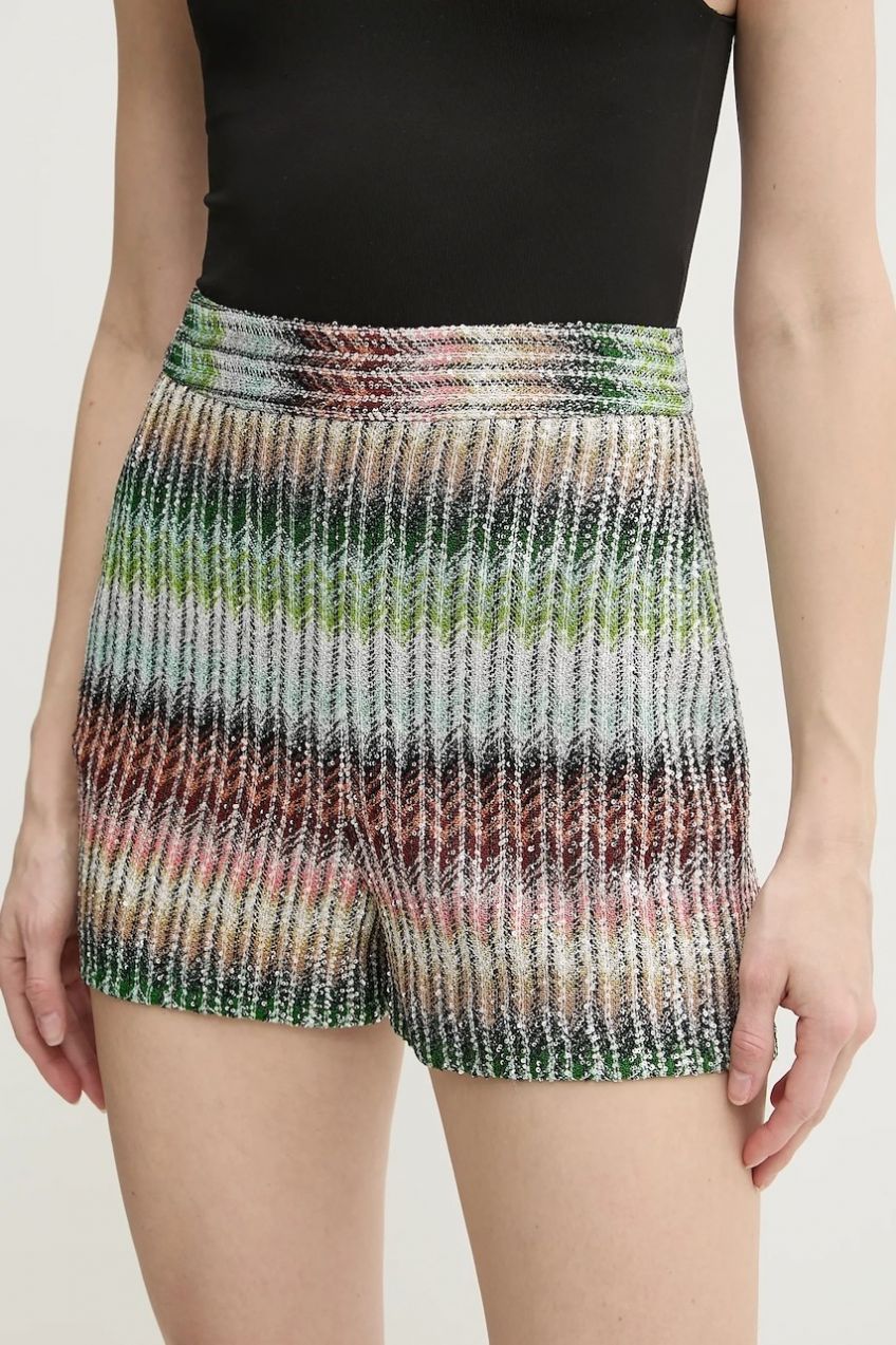 Šortky Missoni dámske, zelená farba, vzorované, vysoký pás, DS25SI0E.BC0051