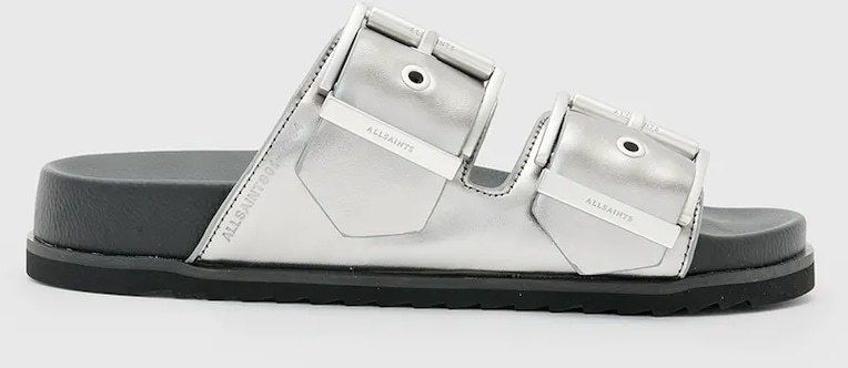 Kožené šľapky AllSaints Sian Sandal dámske, strieborná farba, W037FC
