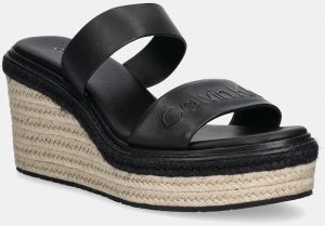 Kožené šľapky Calvin Klein WEDGE SANDAL 50 - HE dámske, čierna farba, na kline, HW0HW02375