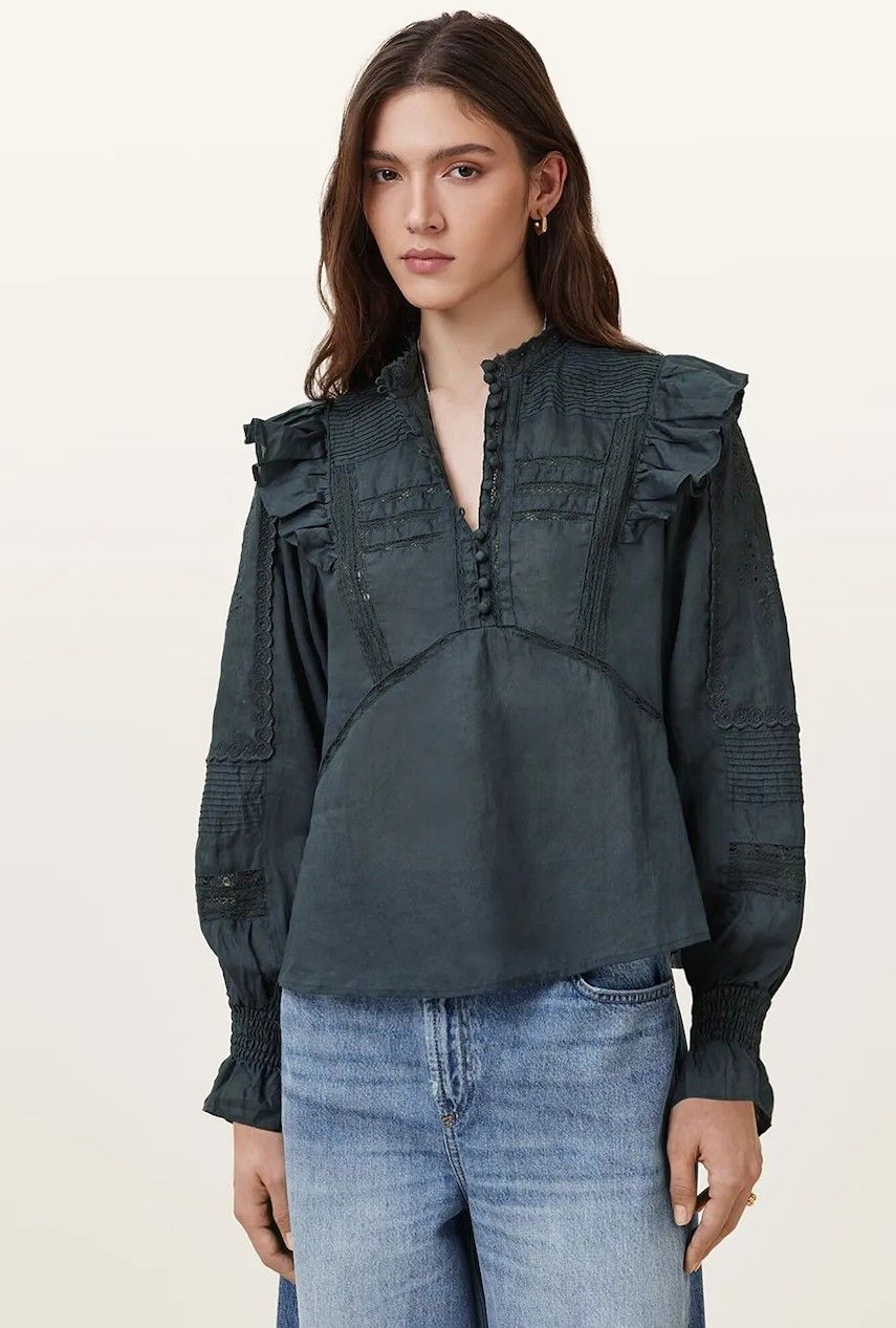Bavlnená blúzka AllSaints HEATHER dámska, tmavomodrá farba, jednofarebná, W038PC