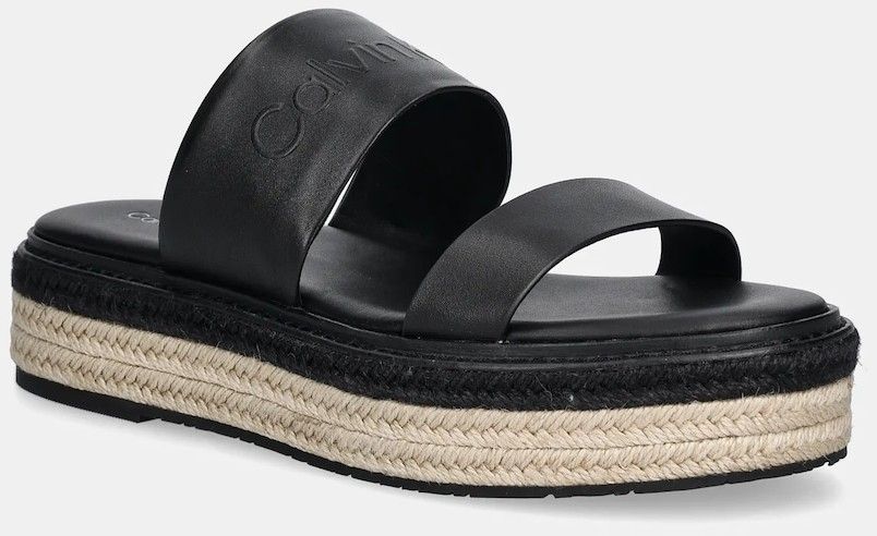 Kožené šľapky Calvin Klein FLATFORM WEDGE SLIDE - HE dámske, čierna farba, na platforme, HW0HW02374