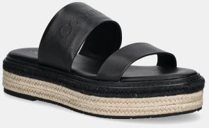 Kožené šľapky Calvin Klein FLATFORM WEDGE SLIDE - HE dámske, čierna farba, na platforme, HW0HW02374