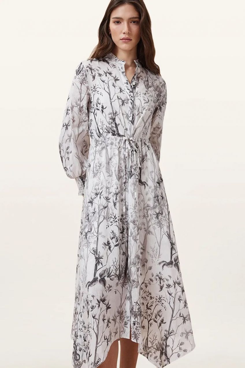 Ľanové šaty AllSaints SKYLAR MAXI biela farba, midi, rovný strih, W047DC