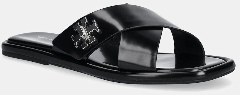 Kožené šľapky Tory Burch T Lock Cross Band Slide dámske, čierna farba, 170611-006