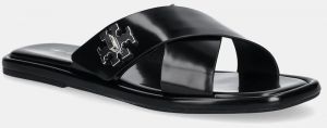 Kožené šľapky Tory Burch T Lock Cross Band Slide dámske, čierna farba, 170611-006