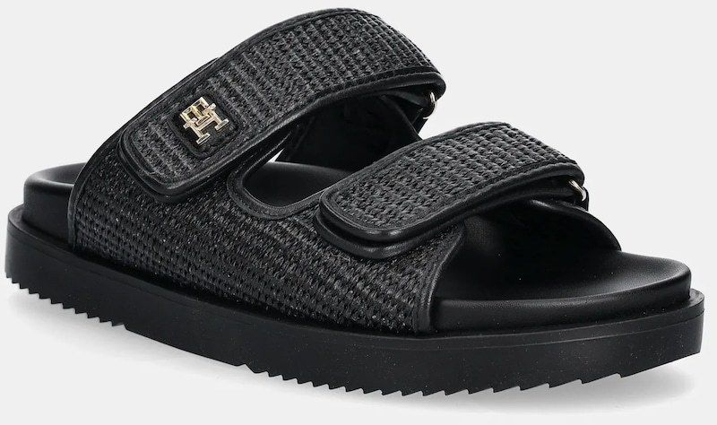 Šľapky Tommy Hilfiger TH DOUBLE STRAP RAFFIA SANDAL dámske, čierna farba, FW0FW08940