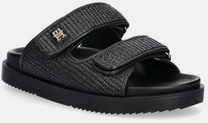 Šľapky Tommy Hilfiger TH DOUBLE STRAP RAFFIA SANDAL dámske, čierna farba, FW0FW08940