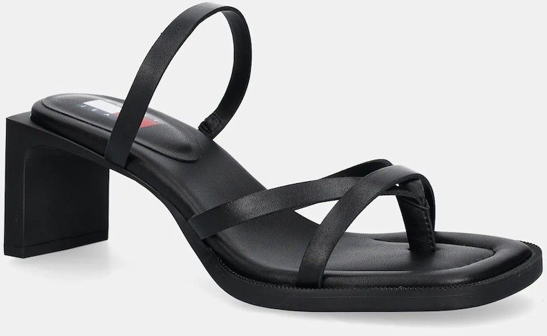Kožené žabky Tommy Jeans THE SOHO SANDAL dámske, čierna farba, na podpätku, EN0EN02781