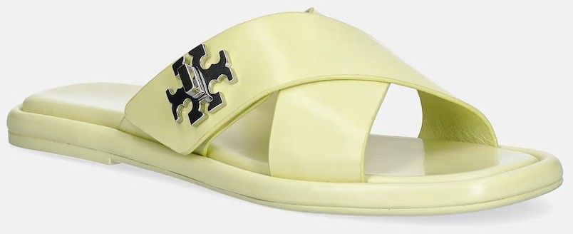 Kožené šľapky Tory Burch T Lock Cross Band Slide dámske, žltá farba, 170611-700