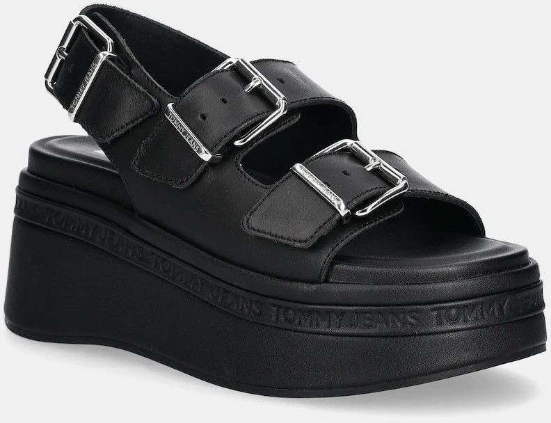 Kožené sandále Tommy Jeans WEDGE SANDAL dámske, čierna farba, na platforme, EN0EN02774
