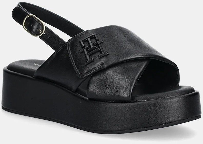 Kožené sandále Tommy Hilfiger TH LOGO HW PADDED LEATHER SANDAL dámske, čierna farba, na platforme, FW0FW08808