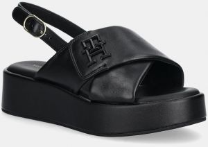 Kožené sandále Tommy Hilfiger TH LOGO HW PADDED LEATHER SANDAL dámske, čierna farba, na platforme, FW0FW08808