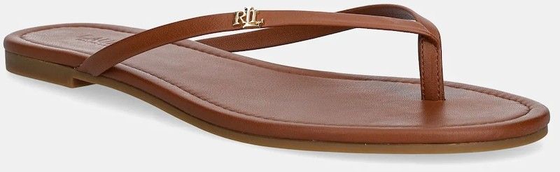 Kožené žabky Lauren Ralph Lauren Raquel dámske, hnedá farba, na plochom podpätku, 802953931006
